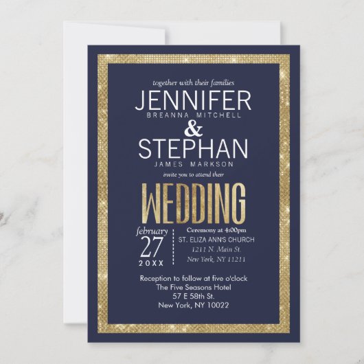 Invitation Élégant Mariage de la Marine moderne Blue Gold Seq (Devant)