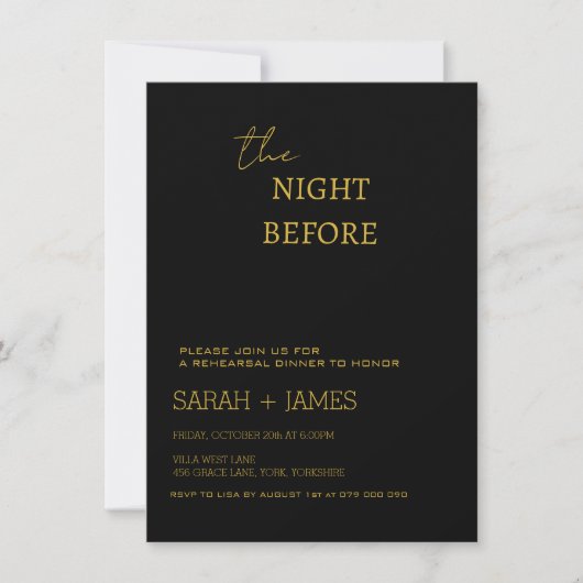 Invitation Élégant Mariage de la répétition Black & Gold (Devant)
