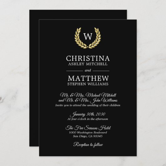 Invitation Élégant Mariage de laurier de l'or noir (Devant / Derrière)