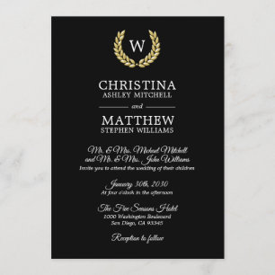 Invitation Élégant Mariage de laurier de l'or noir