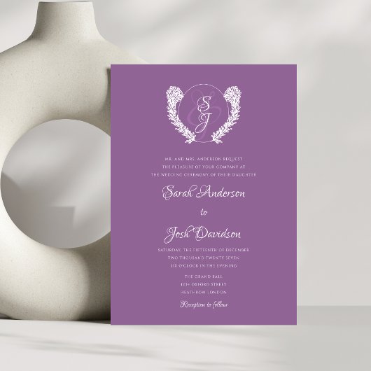Invitation Élégant Mariage de lavande de monogramme floral