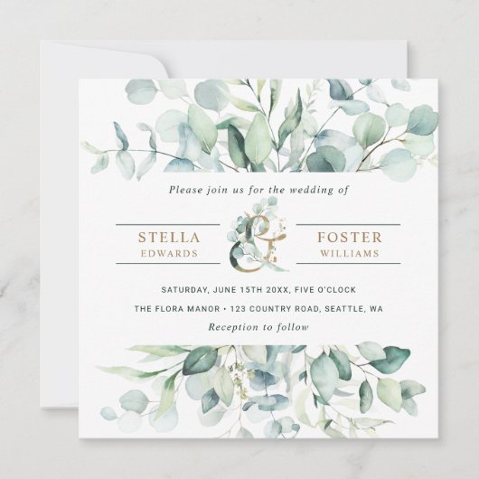 Invitation Élégant Mariage de l'esperluette en or de feuillag