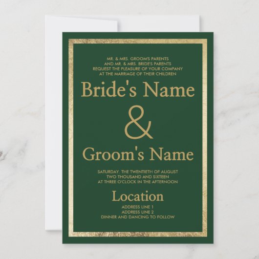 Invitation Élégant Mariage de luxe en or vert foncé (Devant)