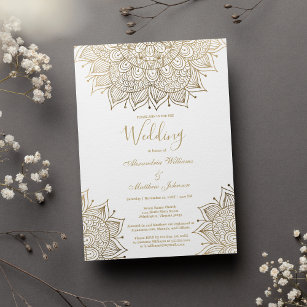 Invitation Elégant Mariage de mandala floral or glam blanc