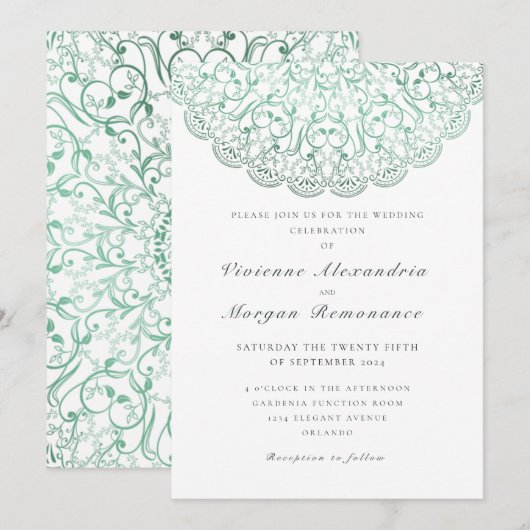 Invitation Elégant mariage de mandala vert dentelle (Devant / Derrière)