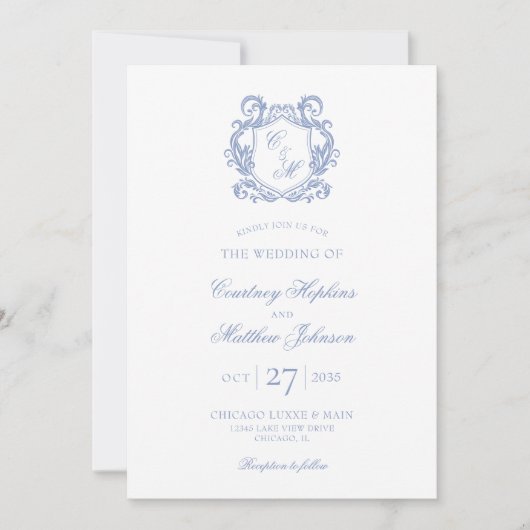 Invitation Élégant Mariage de Monogram Blue Dusty (Devant)