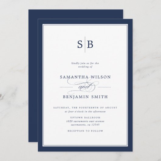 Invitation Élégant Mariage De Monogramme Blanc Et Marine (Devant / Derrière)