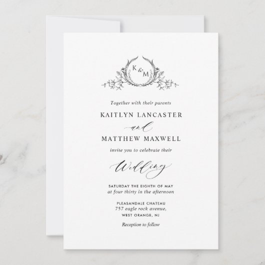 Invitation Élégant Mariage de monogramme blanc et noir (Devant)