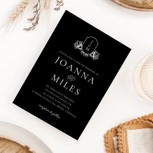 Invitation Élégant Mariage de Monogramme Botanique Noir & Bla