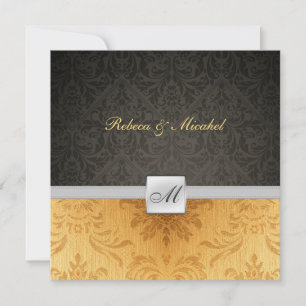 Invitation Élégant Mariage de monogramme Damas noir et or