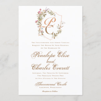 Invitation Élégant Mariage de monogramme de crête d'aquarelle