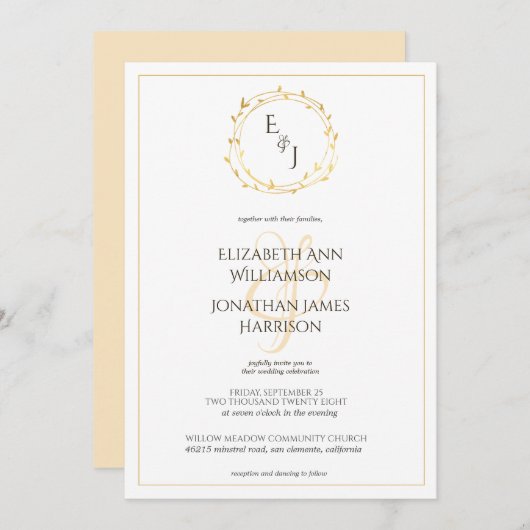 Invitation Élégant Mariage de monogramme feuille or (Devant / Derrière)