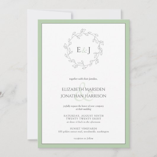 Invitation Élégant Mariage de monogramme feuille verte Sage (Devant)