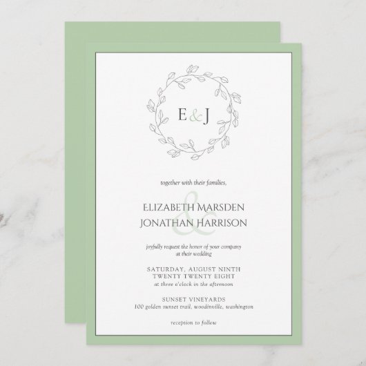 Invitation Élégant Mariage de monogramme feuille verte Sage (Devant / Derrière)