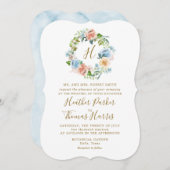 Invitation Élégant Mariage de monogramme floral bleu aquarell (Devant / Derrière)