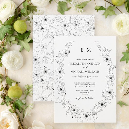 Invitation Élégant Mariage de monogramme floral noir et blanc