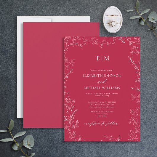 Invitation Élégant Mariage de monogramme Magenta Vivid Feuill