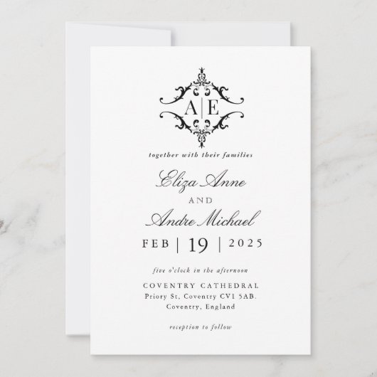 Invitation Élégant Mariage de monogramme noir et blanc (Devant)