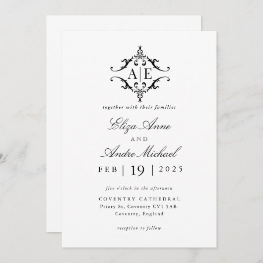 Invitation Élégant Mariage de monogramme noir et blanc (Devant / Derrière)