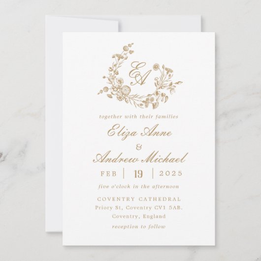 Invitation Élégant Mariage de Monogramme Or Floral (Devant)