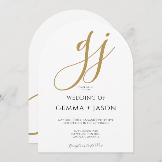 Invitation Élégant Mariage de Monogramme Or Moderne (Devant / Derrière)