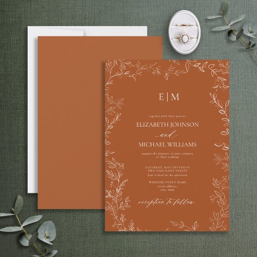 Invitation Élégant Mariage de monogramme orange brûlé à la fe