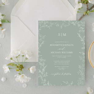 Invitation Élégant Mariage de monogramme vert de taille minim
