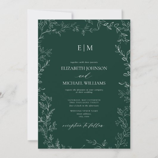 Invitation Élégant Mariage de monogramme vert Emeraude feuill (Devant)