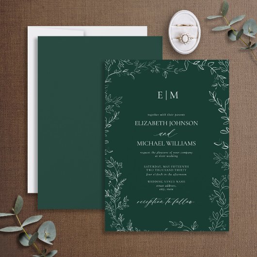 Invitation Élégant Mariage de monogramme vert Emeraude feuill