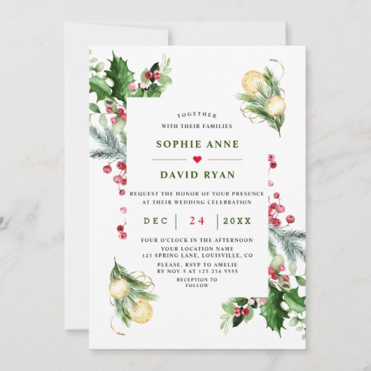Invitation Élégant Mariage de Noël de la baie de pin d'or (Devant)