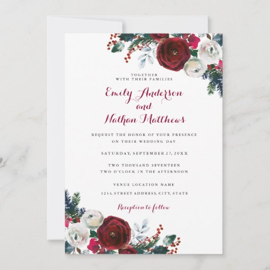 Invitation Élégant Mariage de Noël Floral Bourgogne (Devant)