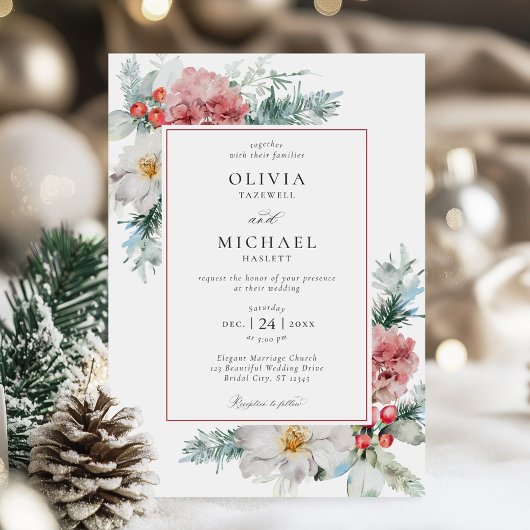 Invitation Élégant Mariage de Noël Floral d'hiver