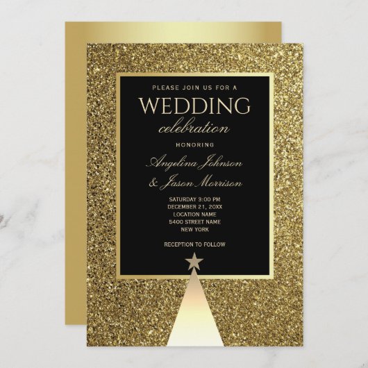 Invitation Élégant Mariage de Noël noir et or (Devant / Derrière)