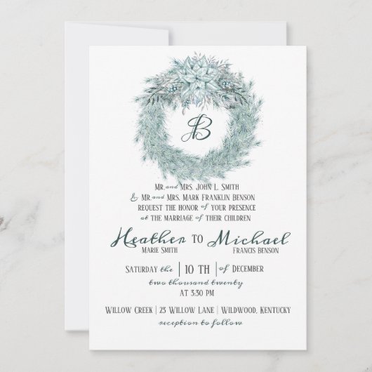 Invitation Élégant Mariage de Noël vert argent (Devant)