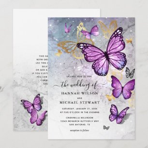 Invitation Élégant Mariage de papillon d'or et de violet