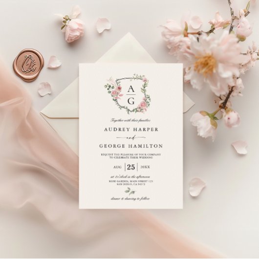 Invitation Élégant Mariage de poitrine de Monogramme Rose Pus