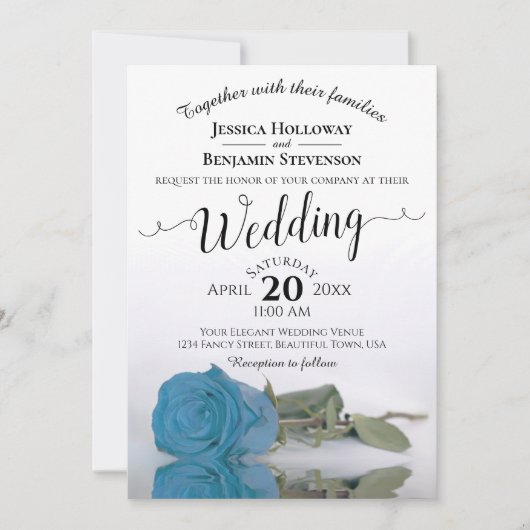 Invitation Élégant Mariage de Rose bleu turquoise à longue ti (Devant)