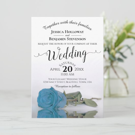 Invitation Élégant Mariage de Rose bleu turquoise à longue ti (Debout devant)
