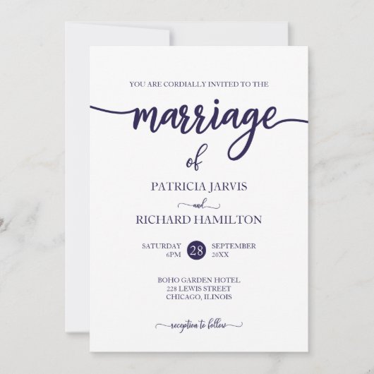Invitation Élégant Mariage de script bleu et blanc de la mari (Devant)