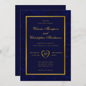 Invitation Élégant Mariage de script bleu et or de la marine  (Devant / Derrière)