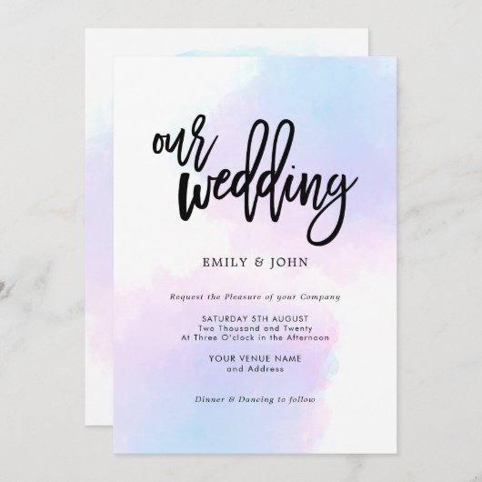 Invitation Elégant Mariage de script bleu/Lilac (Devant / Derrière)