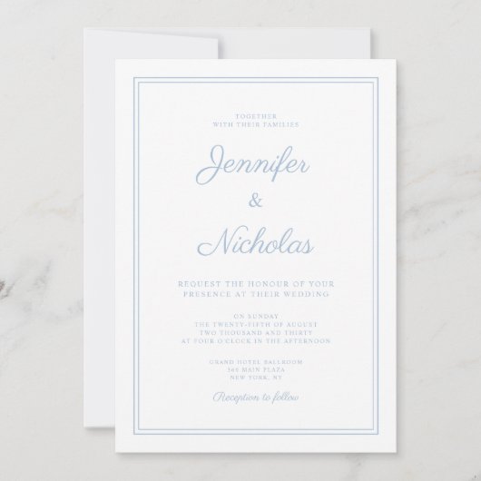 Invitation Élégant Mariage de script bleu poudré moderne (Devant)