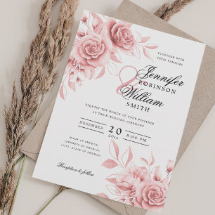 Invitation Élégant Mariage de script Blush Floral avec QR RSV