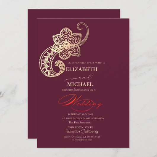 Invitation Élégant Mariage de script chic or Paisley (Devant / Derrière)