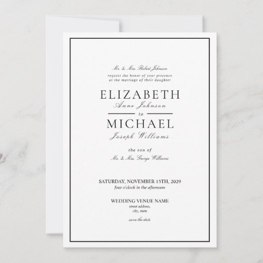 Invitation Élégant Mariage de script classique noir et blanc (Devant)