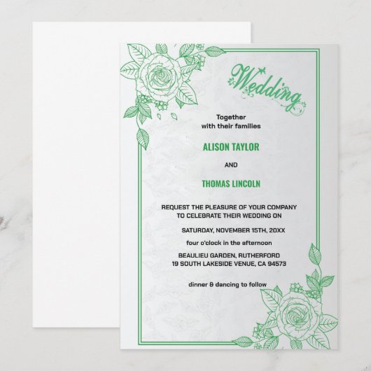 Invitation Élégant Mariage de script classique vert et gris (Devant / Derrière)