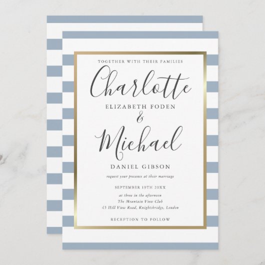 Invitation Élégant Mariage de script de bande bleue Dusty (Devant / Derrière)