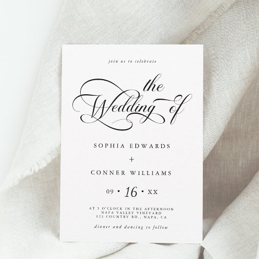 Invitation Élégant Mariage de script de charme noir et blanc