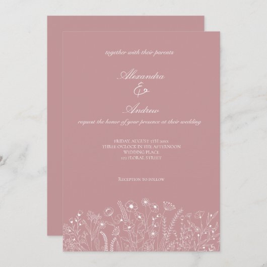 Invitation Élégant Mariage de script de Fleur sauvage Blush (Devant / Derrière)