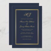 Invitation Élégant Mariage de script de monogramme bleu or (Devant / Derrière)